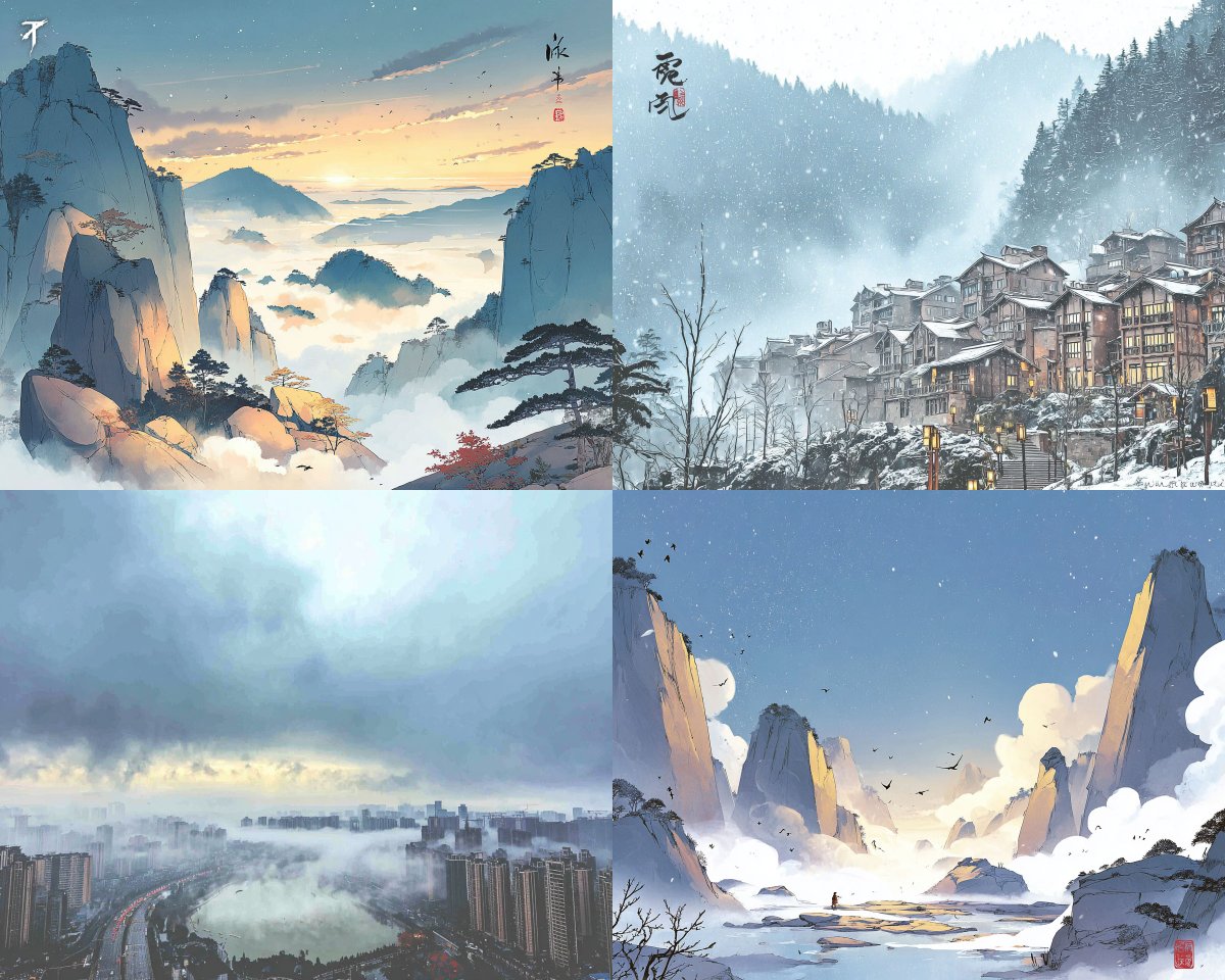 Poetic Ink-and-Paint Style: Misty Peaks and Calm Cityscape - view 1