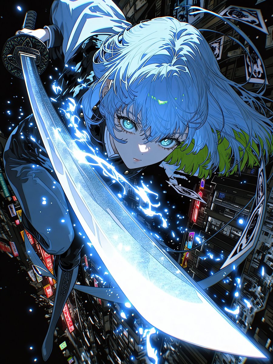 Dynamic Anime Action Portrait: Woman with Katana in Yokohama Chinatown - view 1
