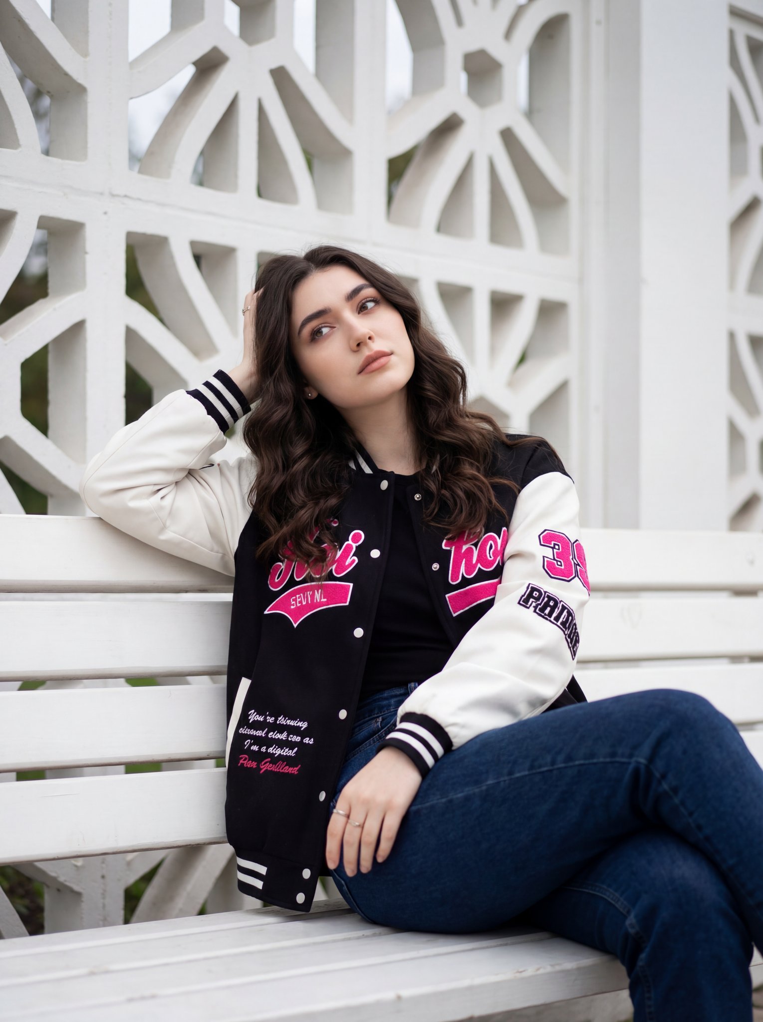 Young Woman on Bench, Relaxed Urban Style - view 1
