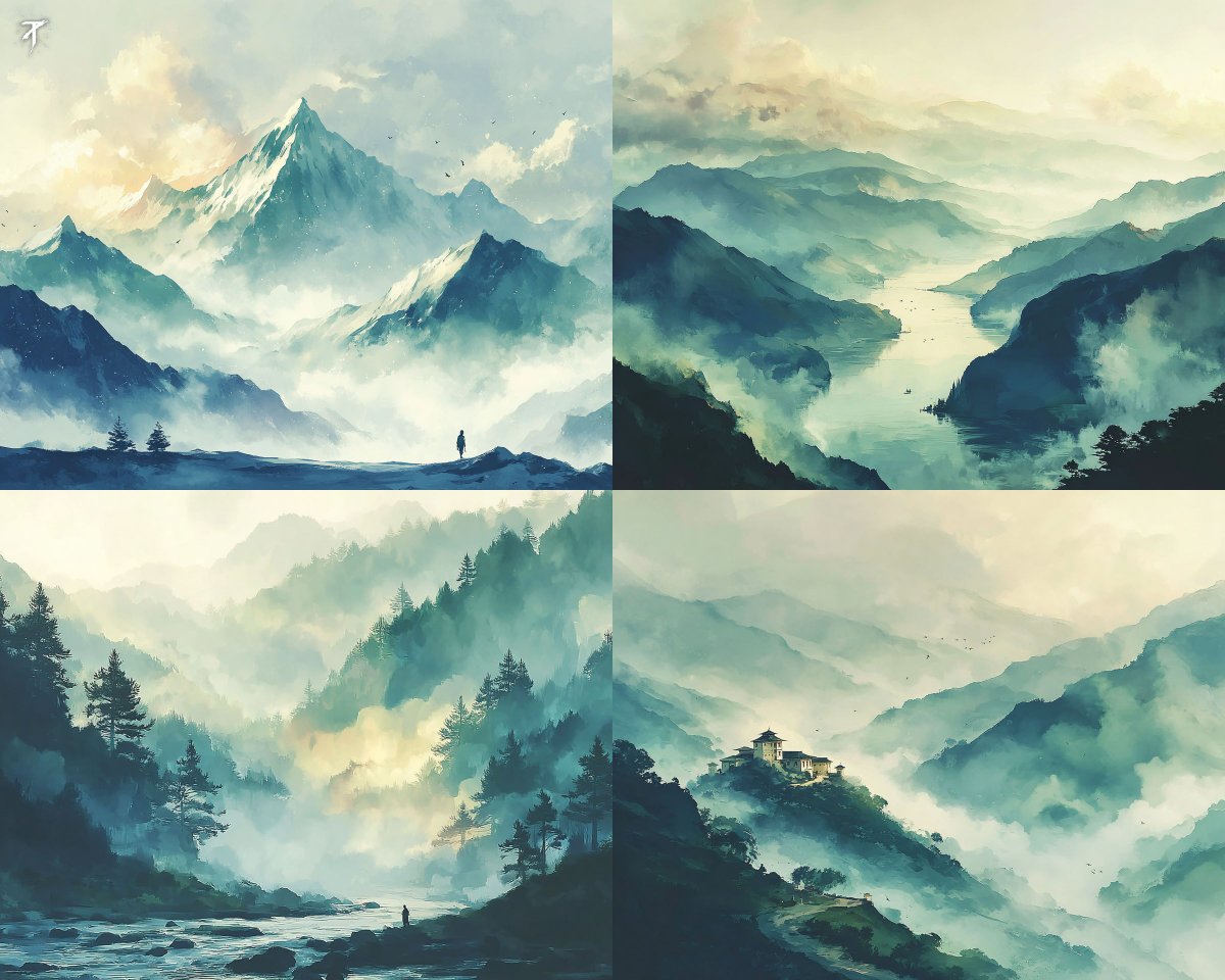 Serene Watercolor Landscape with Layered Mist and Peaks - view 1