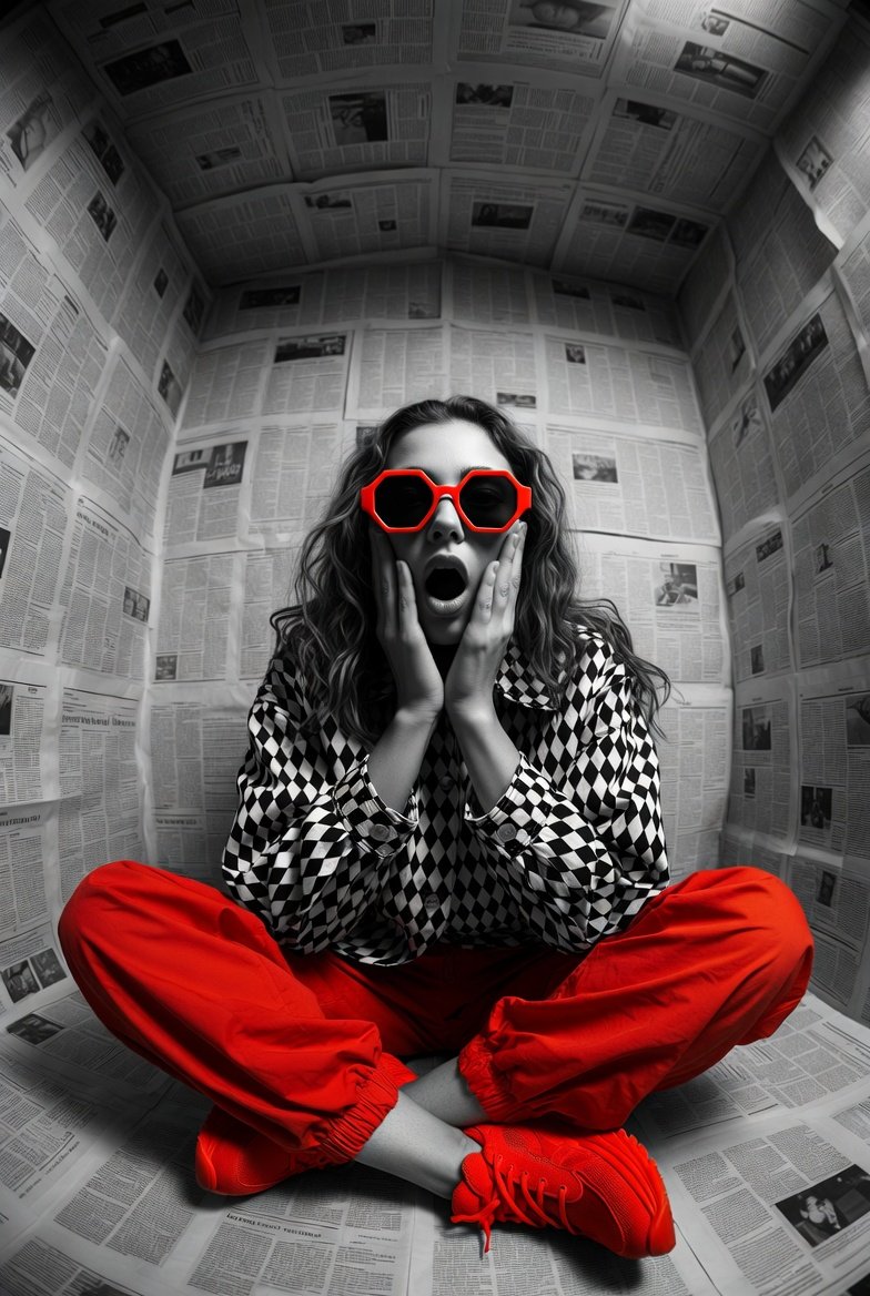 Hyper-realistic Editorial: Woman in Newspaper Room, Red Accents - view 1