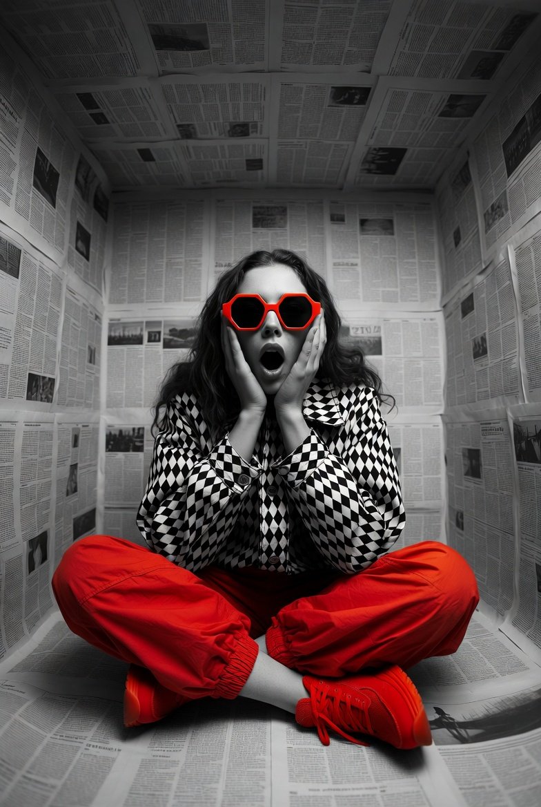 Hyper-realistic Editorial: Woman in Newspaper Room, Red Accents thumbnail 2