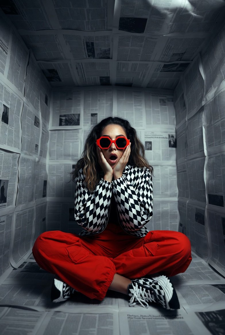 Hyper-realistic Editorial: Woman in Newspaper Room, Red Accents thumbnail 3