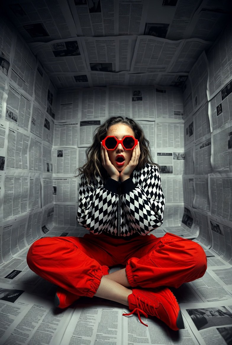 Hyper-realistic Editorial: Woman in Newspaper Room, Red Accents thumbnail 4