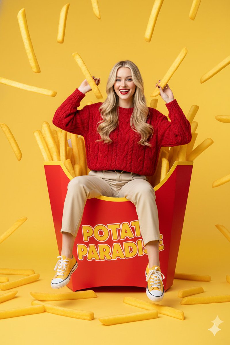 Woman in Giant French Fry Carton, Surreal Commercial Style - view 1