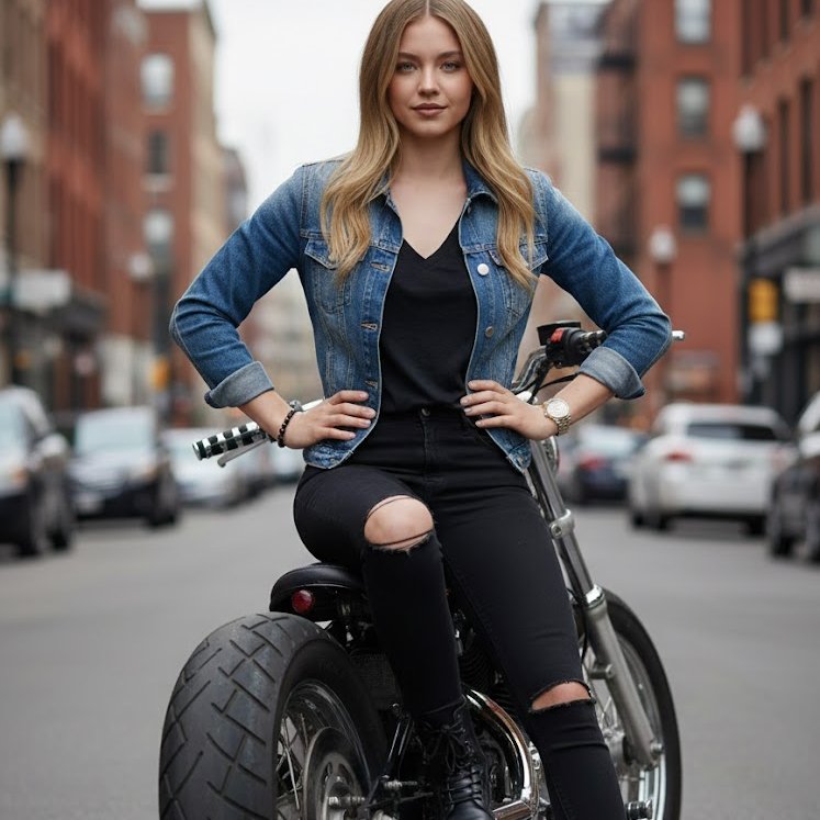 Biker Chic Woman on Motorcycle in Urban Street - view 1