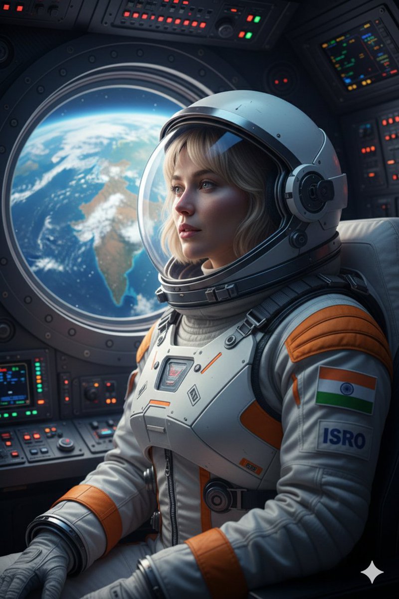 Cinematic Portrait: Indian Astronaut in Spacecraft Looking at Earth - view 1