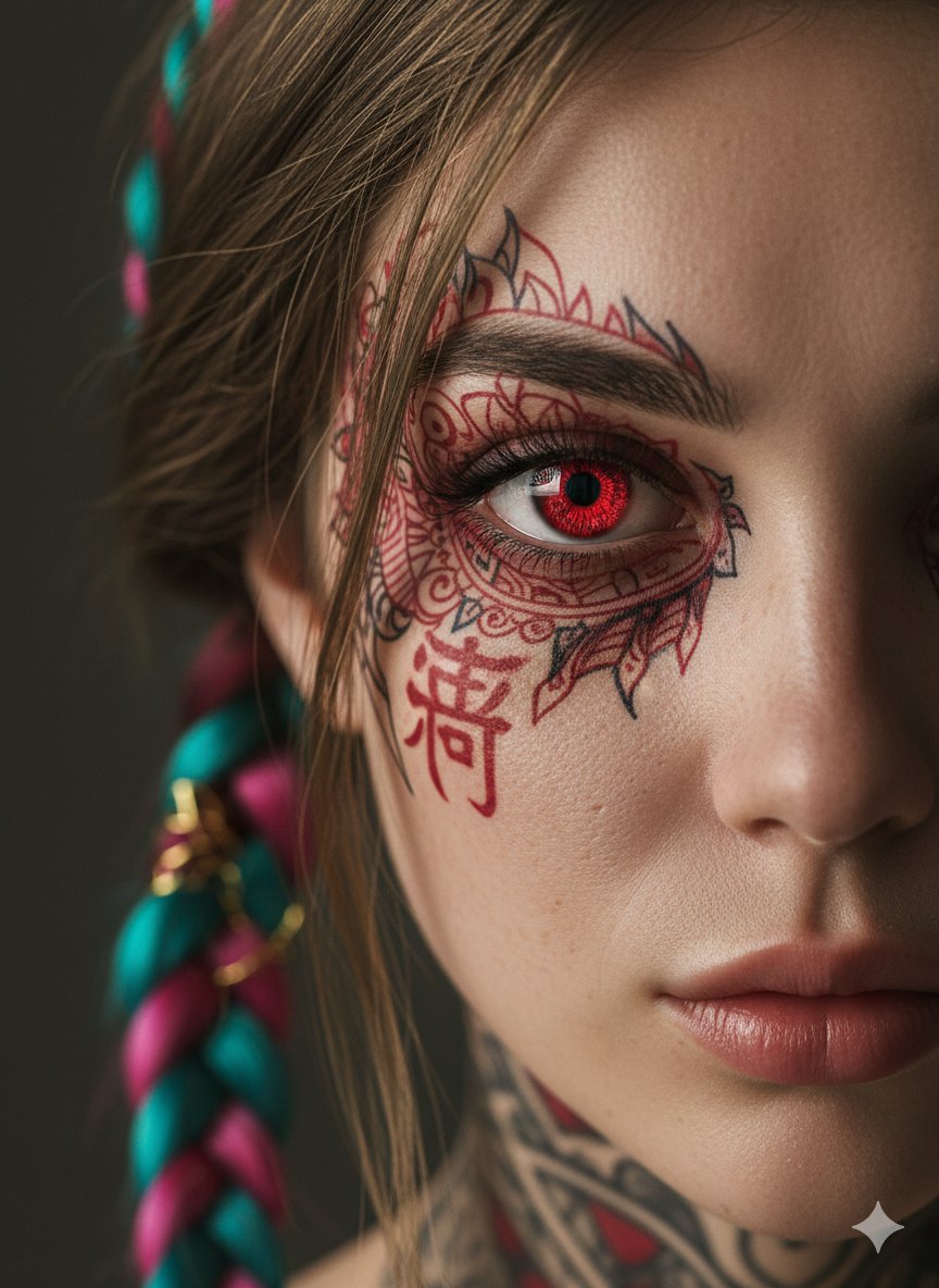Cinematic Close-Up Portrait: Red Eye, Tattoos, Braids - view 1