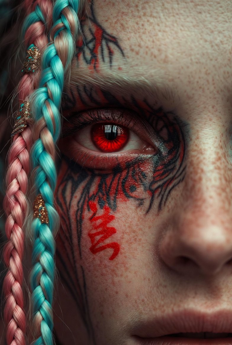 Cinematic Close-Up Portrait: Red Eye, Tattoos, Braids thumbnail 2