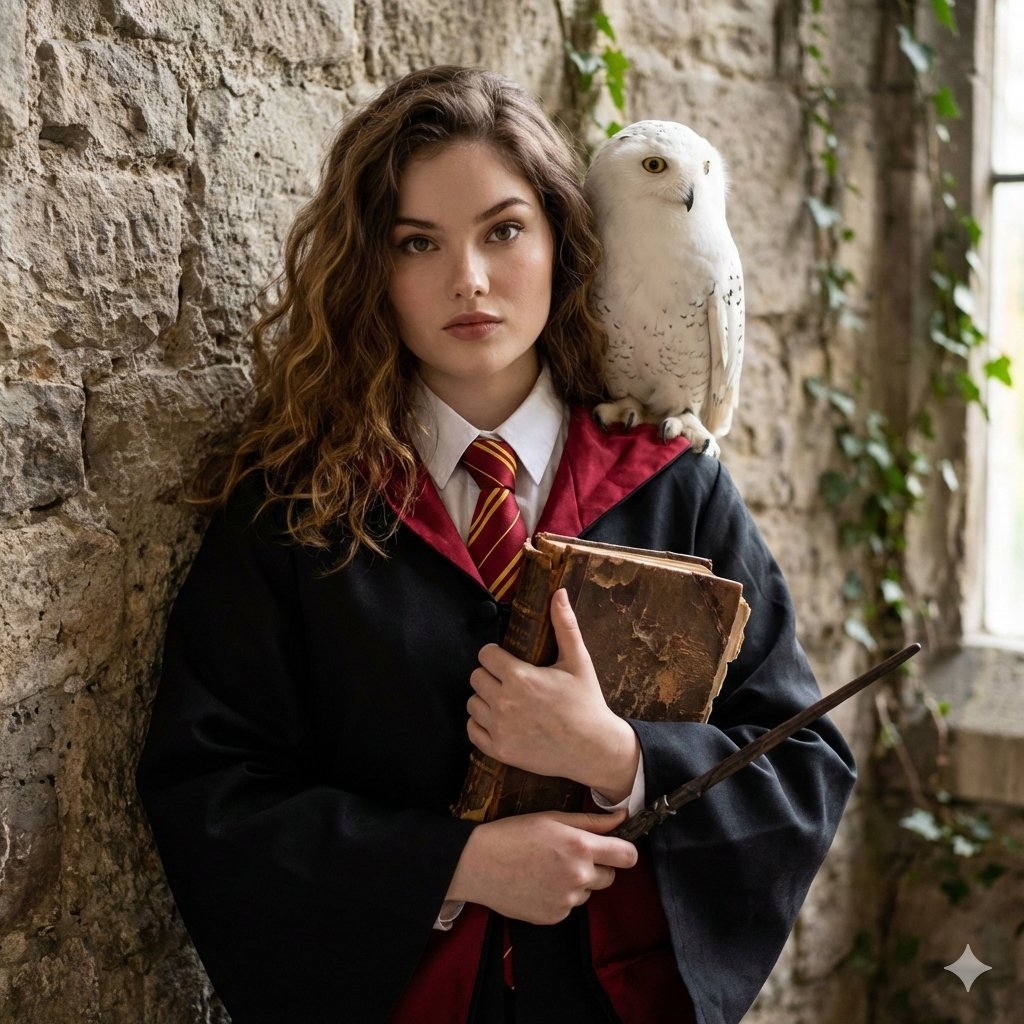Hogwarts-Style Portrait with Gryffindor Robe and Owl - view 1