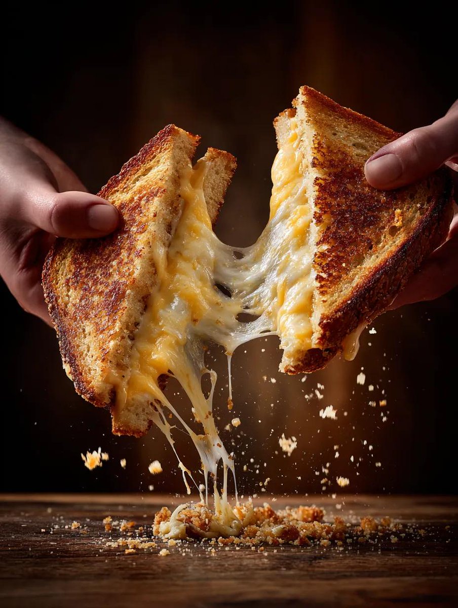 Hands Pulling Apart Grilled Cheese with Melted Cheddar Strands - view 1