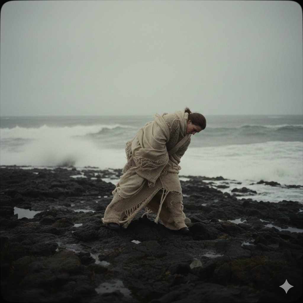 Wind-Battered Figure on Jagged Coast - view 1