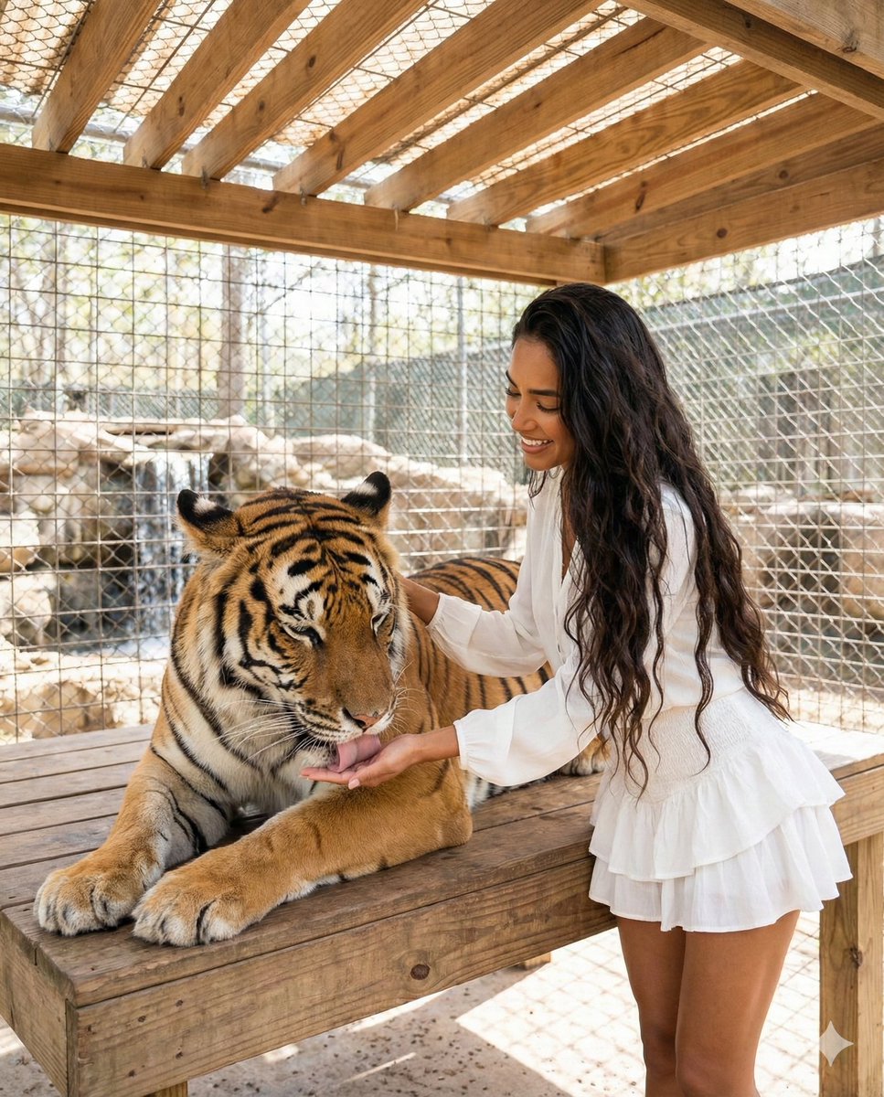 Woman Gently Interacting with a Bengal Tiger - view 1