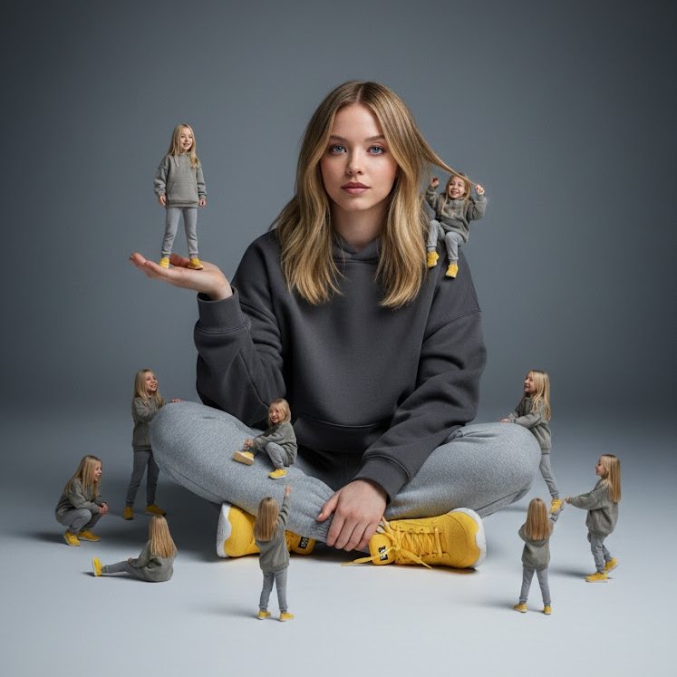 Surreal Woman with Miniature Selves, Playful Interaction - view 1