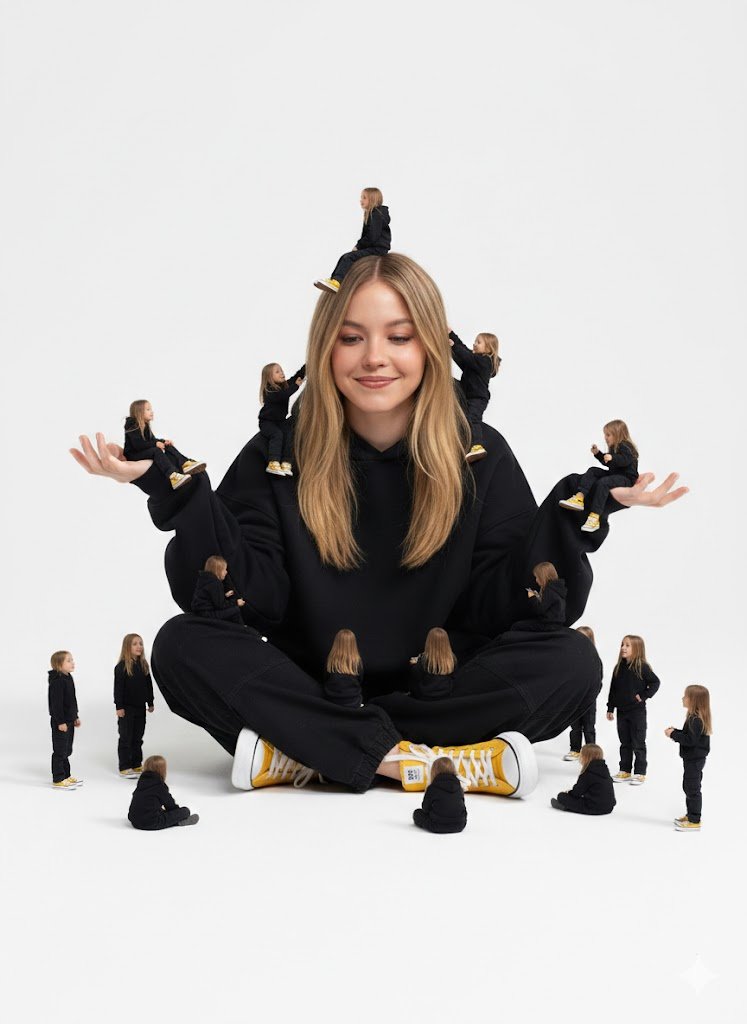 Surreal Woman with Miniature Selves, Playful Interaction thumbnail 2