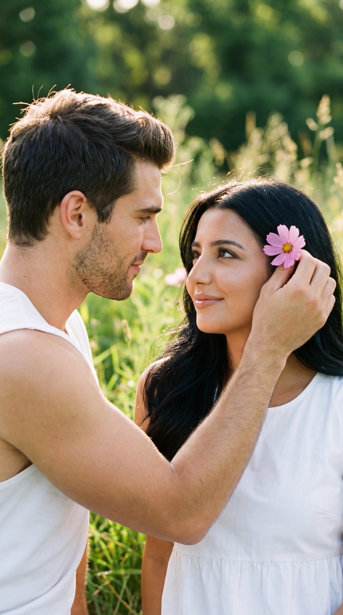 Romantic Golden Hour Film Still: Couple with Flower - view 1