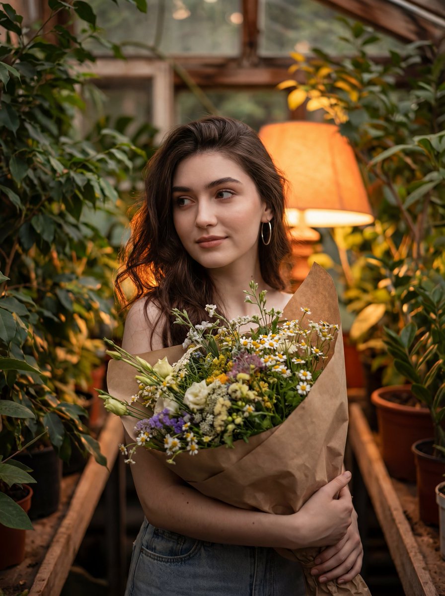 Cute Girl with Flower Bouquet in Warm Natural Setting - view 1