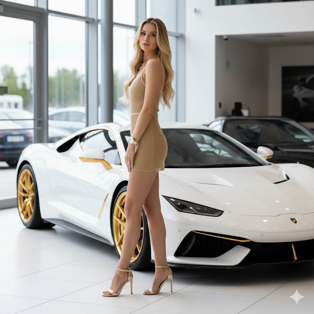 High Fashion Model with White Supercar in Showroom thumbnail 2