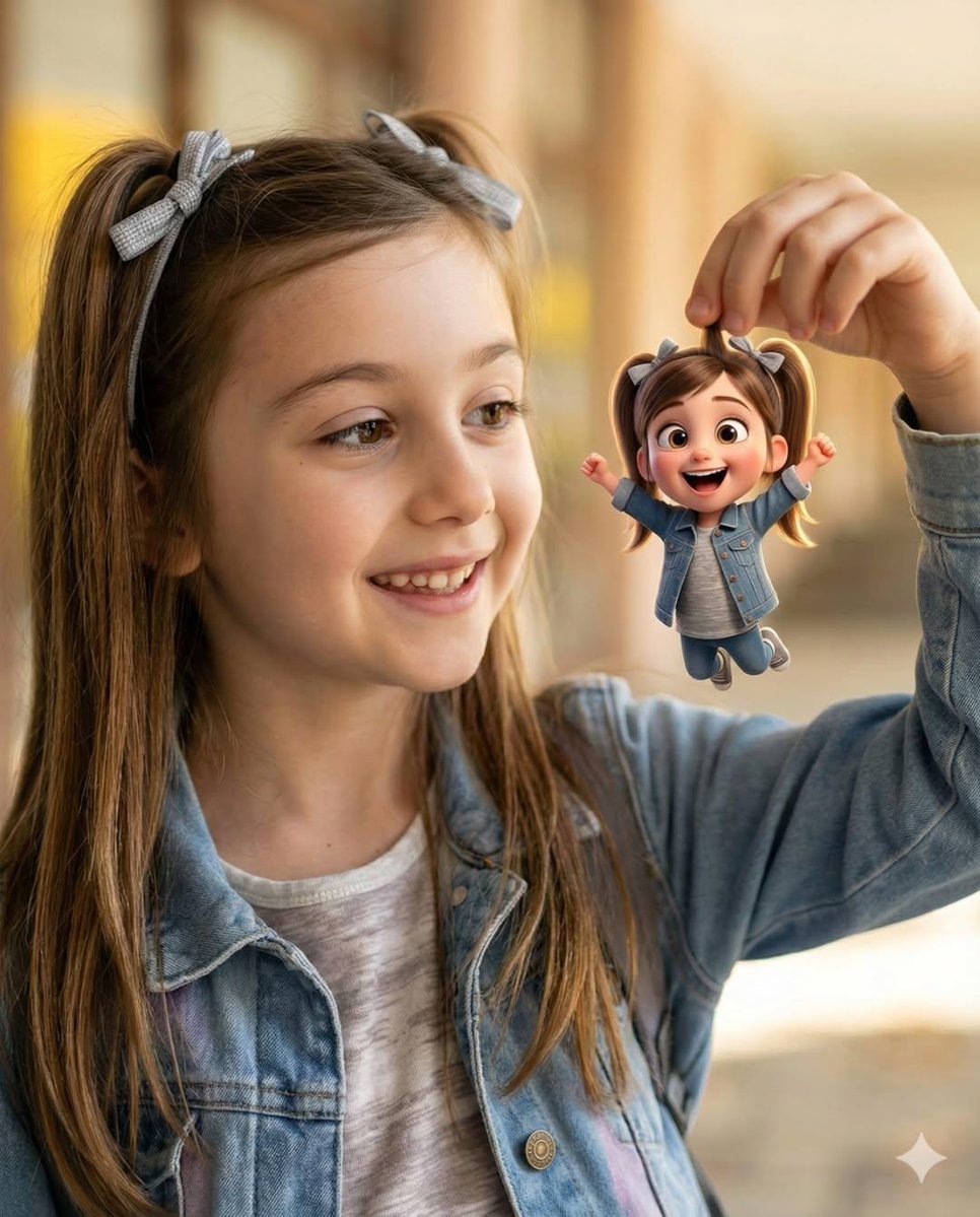 Whimsical Portrait: Girl with Tiny Pixar Self, Photorealistic - view 1