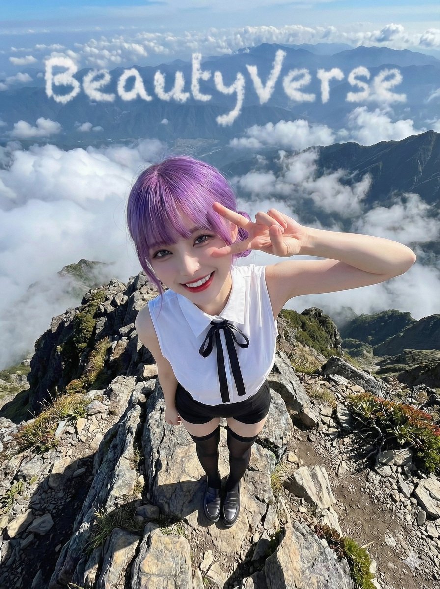 Woman on Mountain Peak, Peace Sign, Surreal Sky - view 1