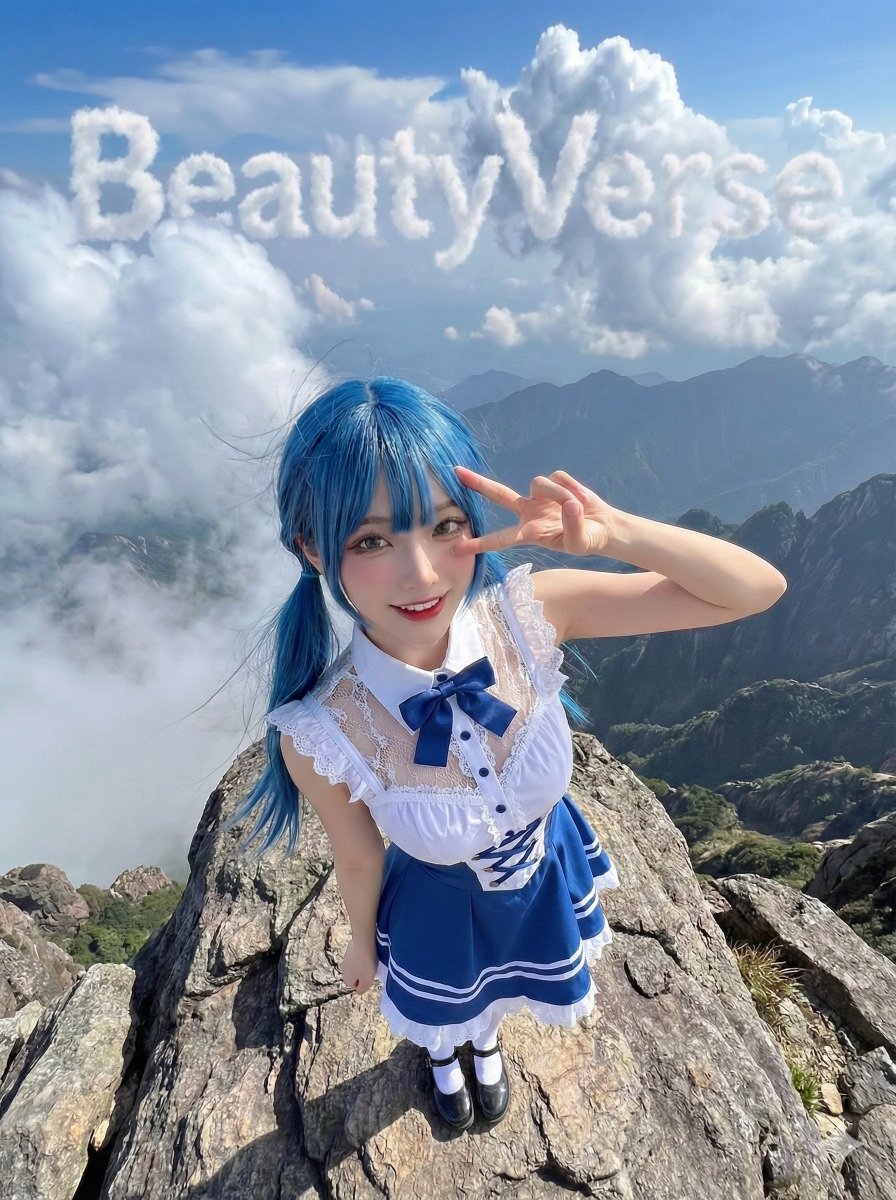 Woman on Mountain Peak, Peace Sign, Surreal Sky thumbnail 2