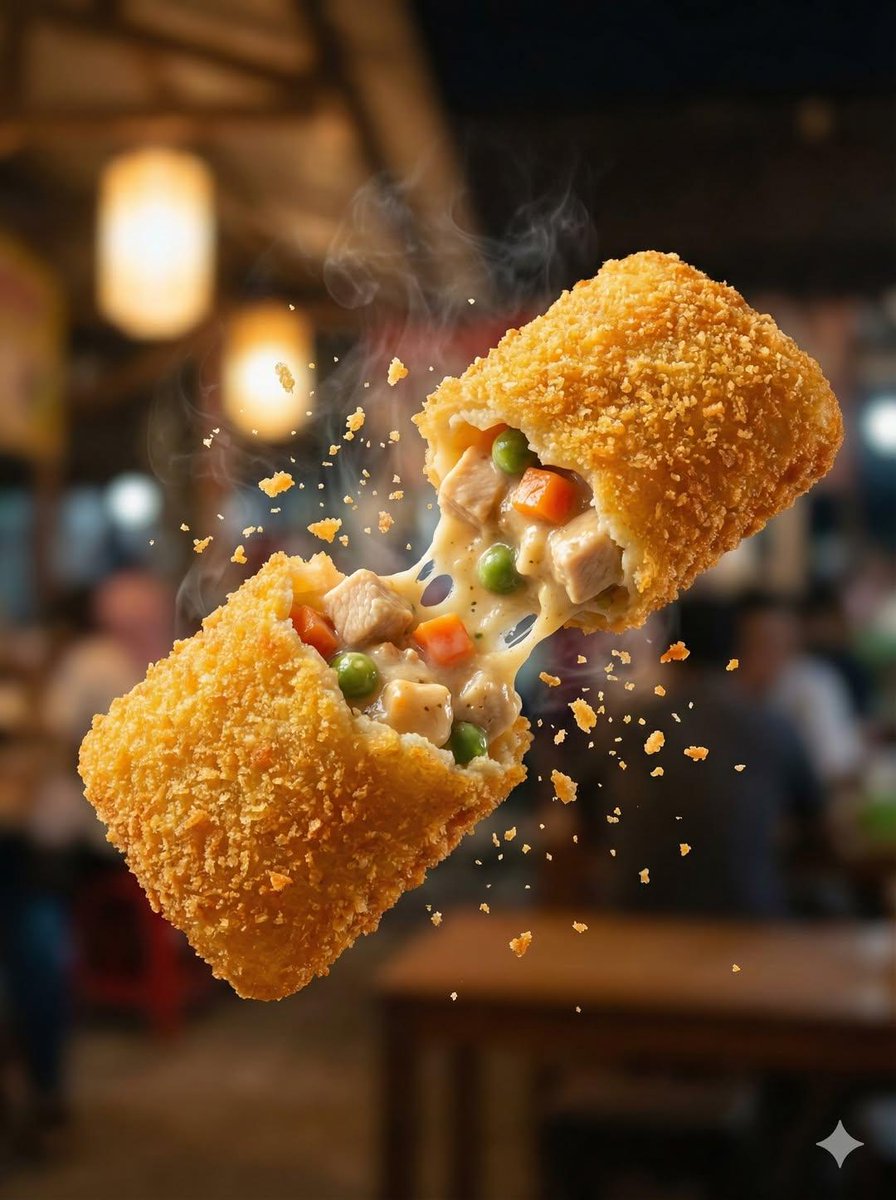 Macro Food Photography: Crispy Martabak Telur Tearing Mid-Air thumbnail 2