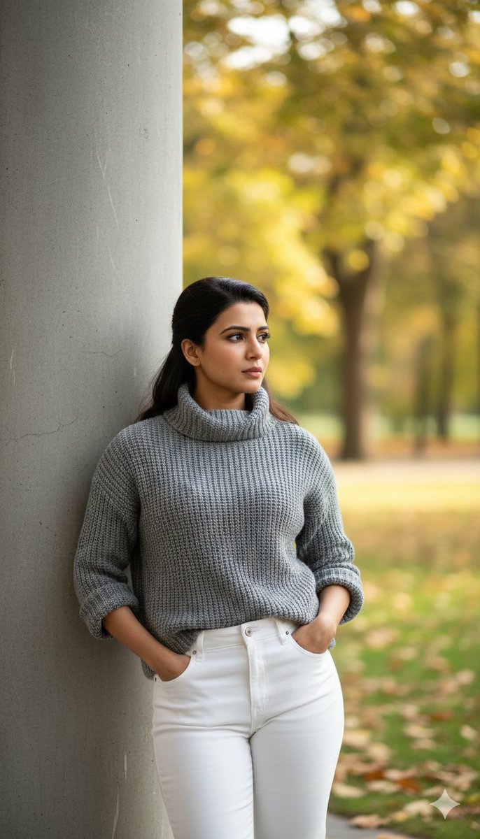 Young Adult in Knitted Sweater Outdoors, Autumn Setting - view 1
