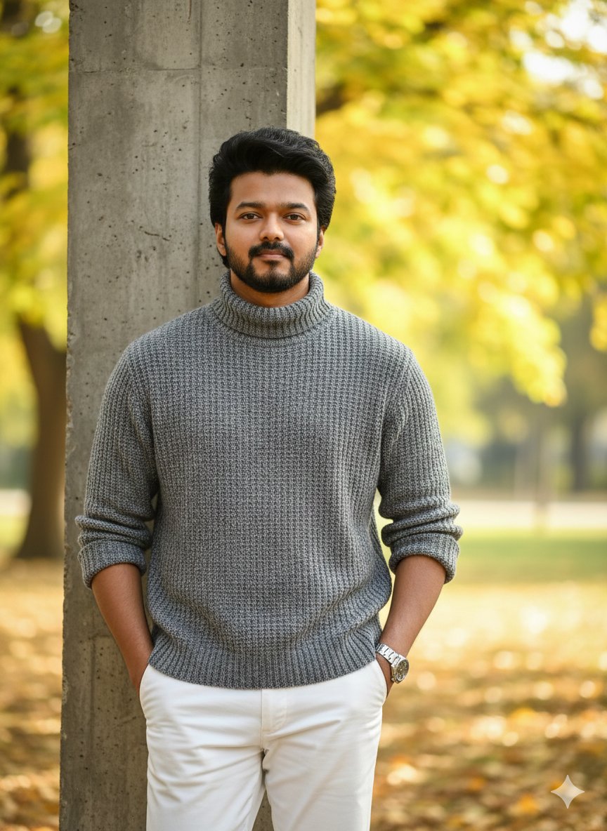 Young Adult in Knitted Sweater Outdoors, Autumn Setting thumbnail 3