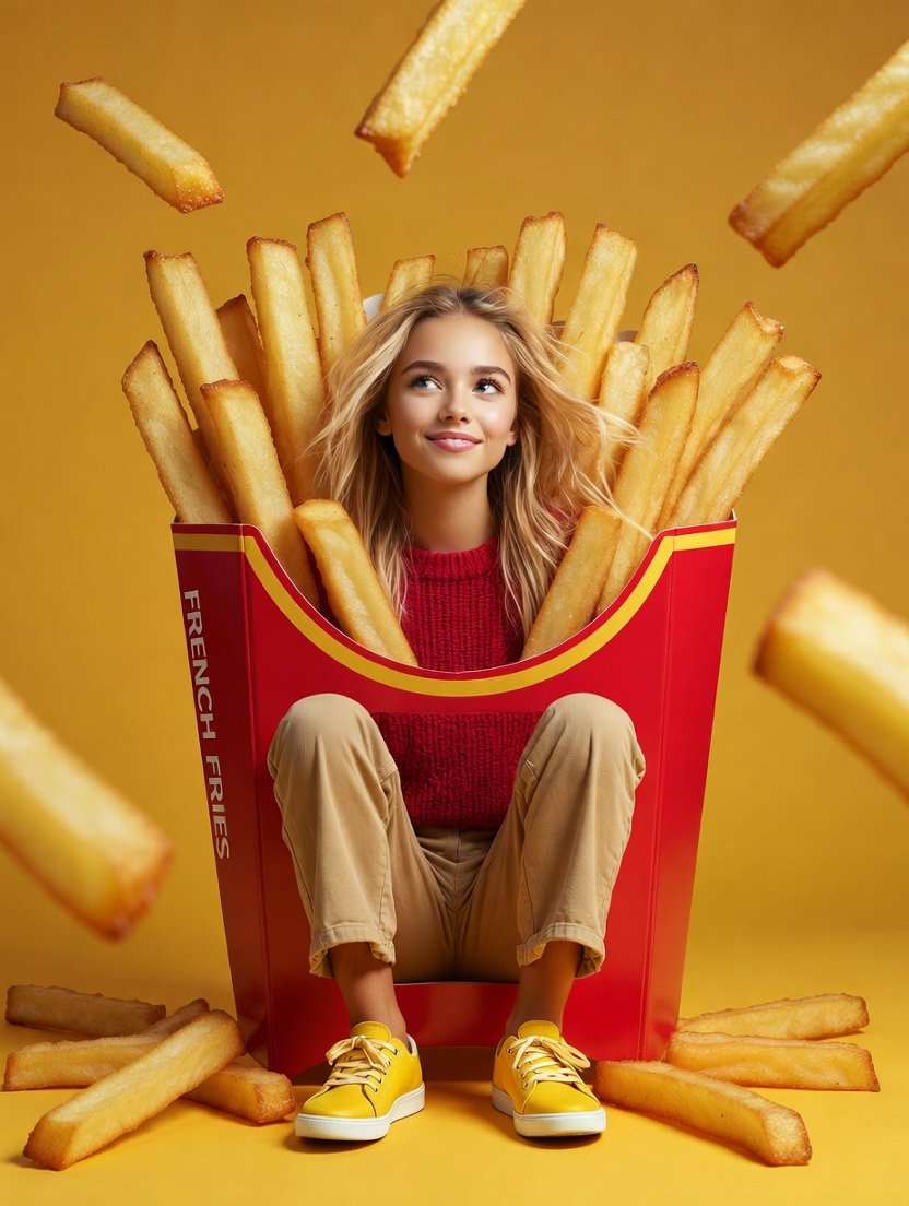 Woman in Giant Fry Carton, Surreal Commercial Photography - view 1