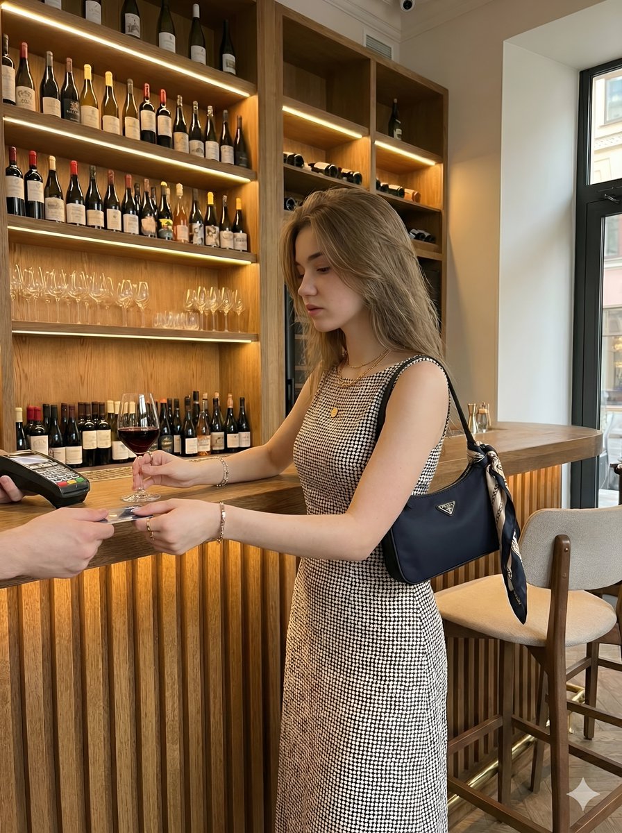 Elegant Woman at Wine Bar with Polka Dot Dress thumbnail 2