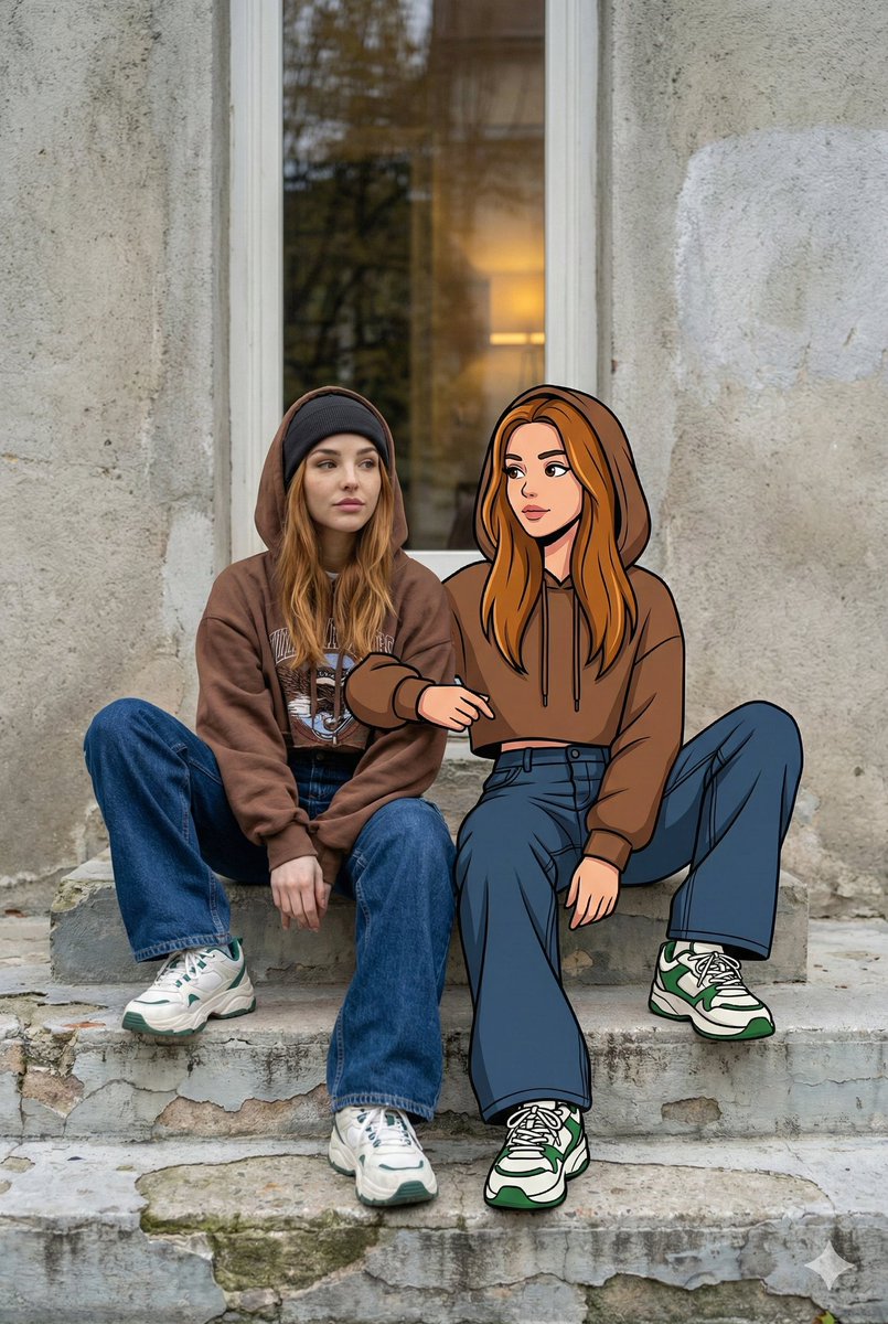 Y2K Mixed-Media Street Portrait with Cartoon Twin - view 1