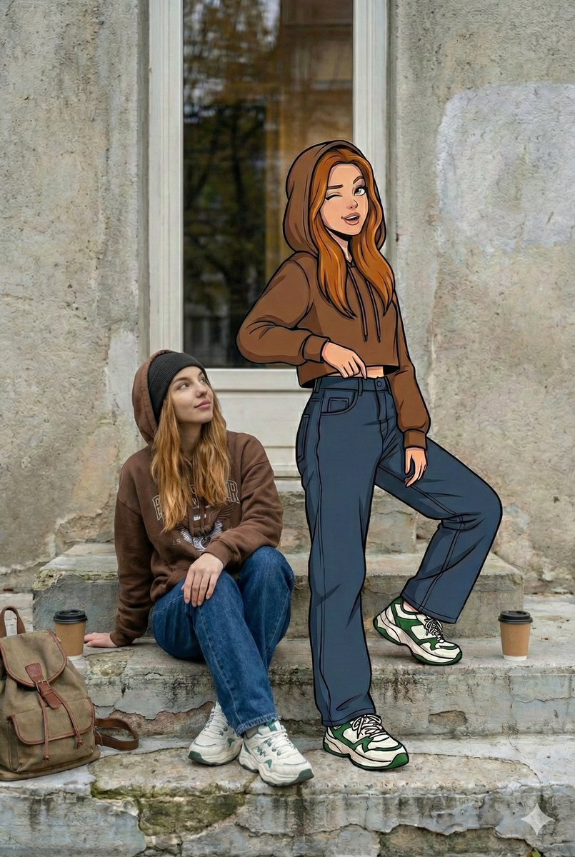 Y2K Mixed-Media Street Portrait with Cartoon Twin thumbnail 2