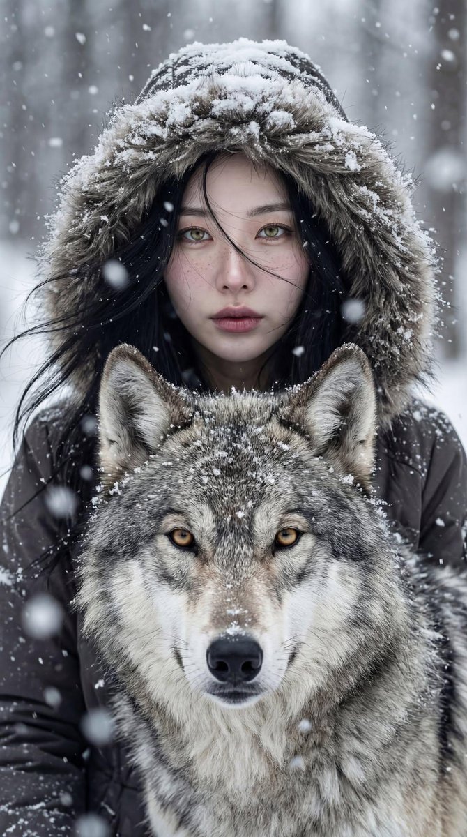 Cinematic Winter Portrait: Woman and Wolf Bond - view 1
