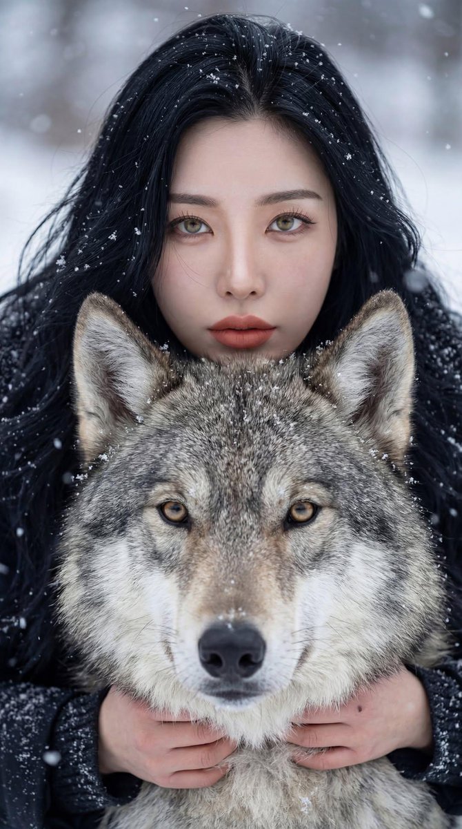 Cinematic Winter Portrait: Woman and Wolf Bond thumbnail 2
