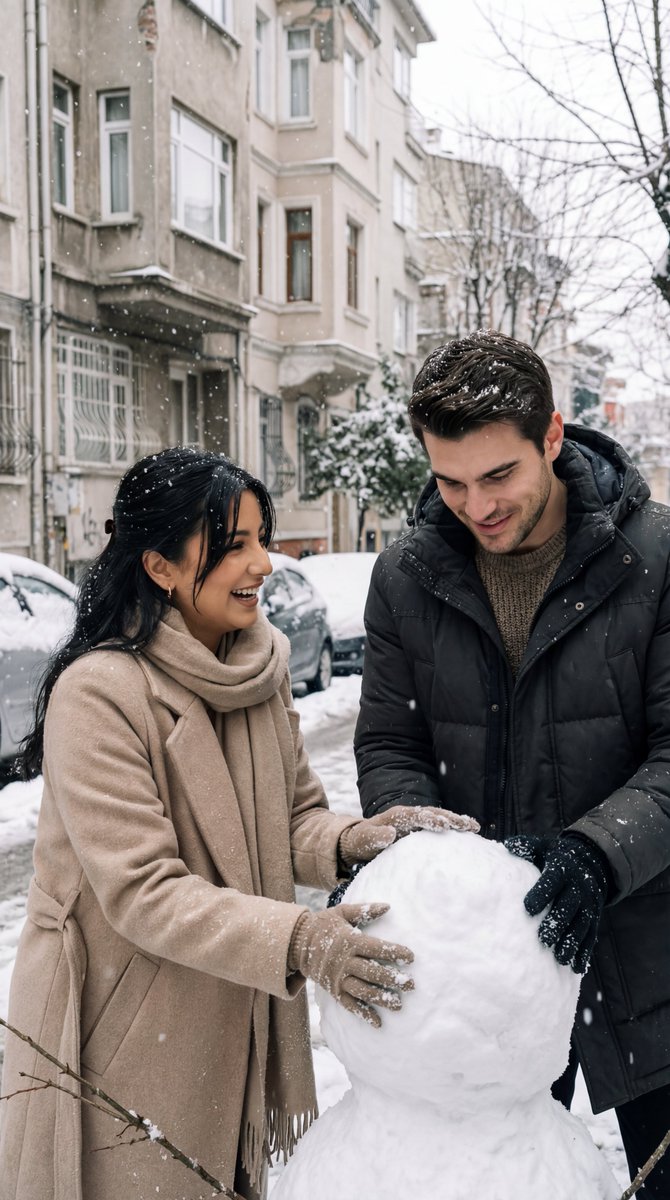 Candid Winter Romance: Couple Building Snowman in Istanbul - view 1