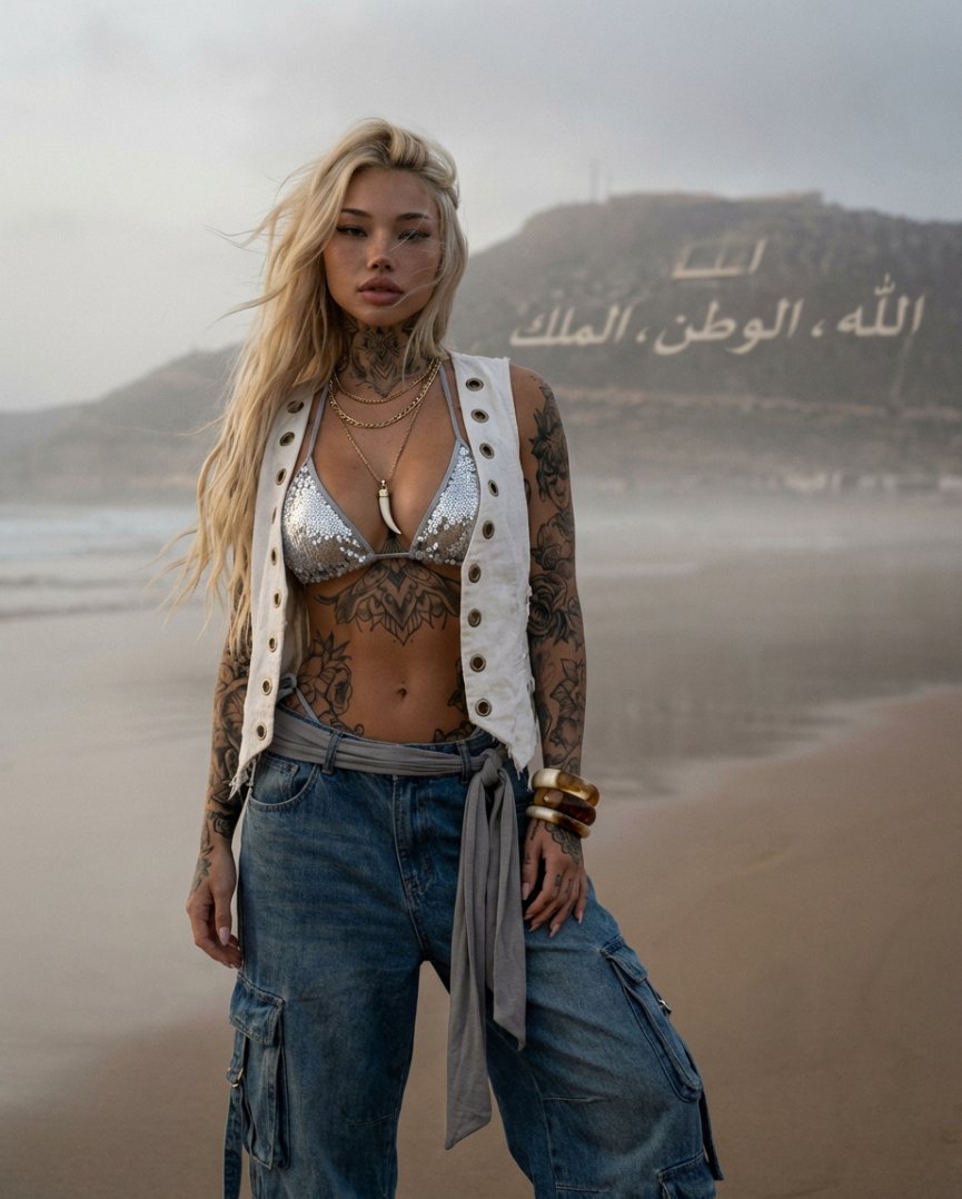 Cinematic Fashion Portrait on Misty Beach - view 1
