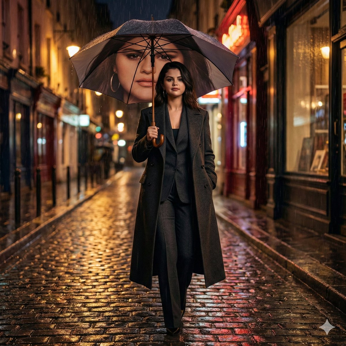 Cinematic Night Street with Woman and Portrait Umbrella thumbnail 2