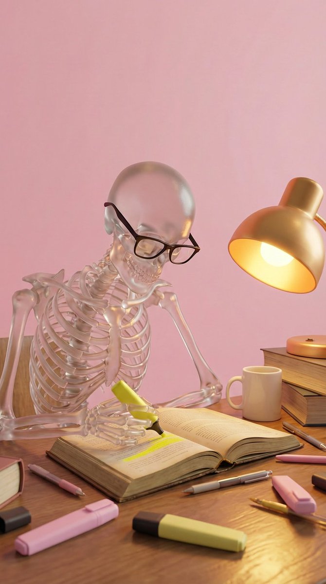 Stylized 3D Render: Glass Skeleton Studying at Desk - view 1
