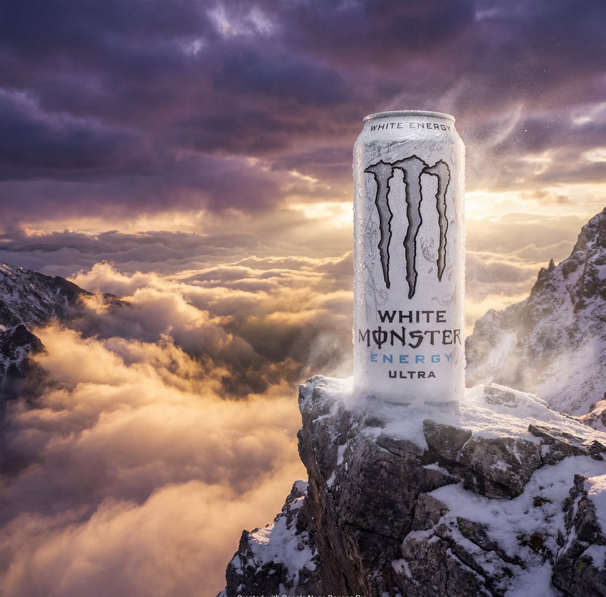 Monster Energy Can on Mountain Peak at Sunrise - view 1