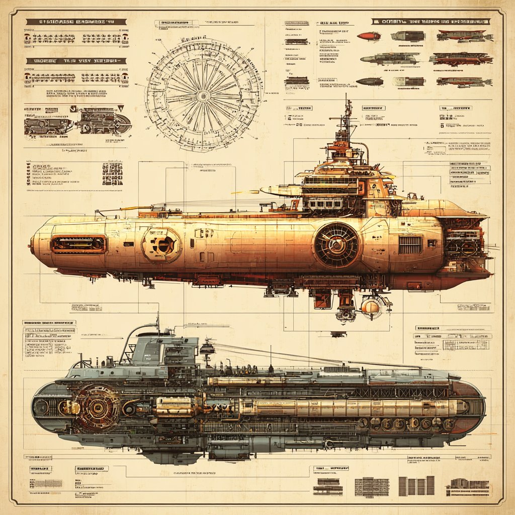 Retrofuturistic Steampunk Engineering Blueprint Style thumbnail 2