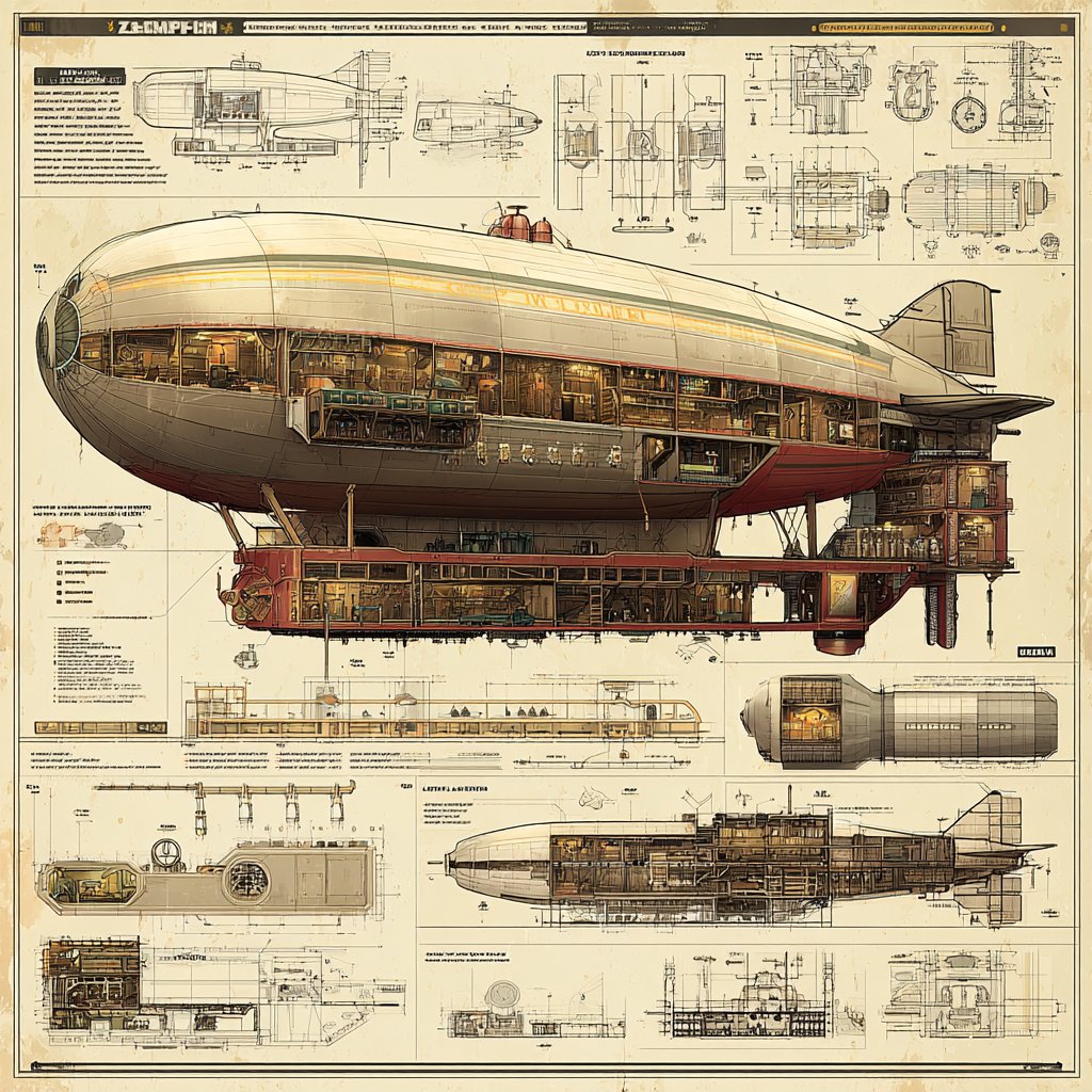Retrofuturistic Steampunk Engineering Blueprint Style thumbnail 4