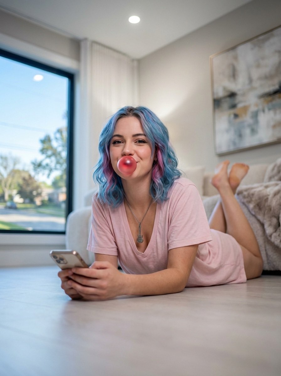 Maximalist Lifestyle Portrait: Woman with iPhone and Bubble Gum - view 1
