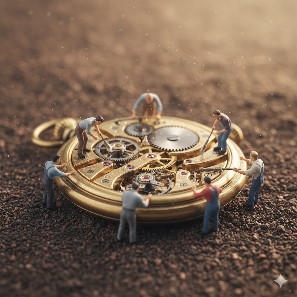 Tiny Workers Repair Antique Pocket Watch: Ultra-realistic Macro Scene - view 1