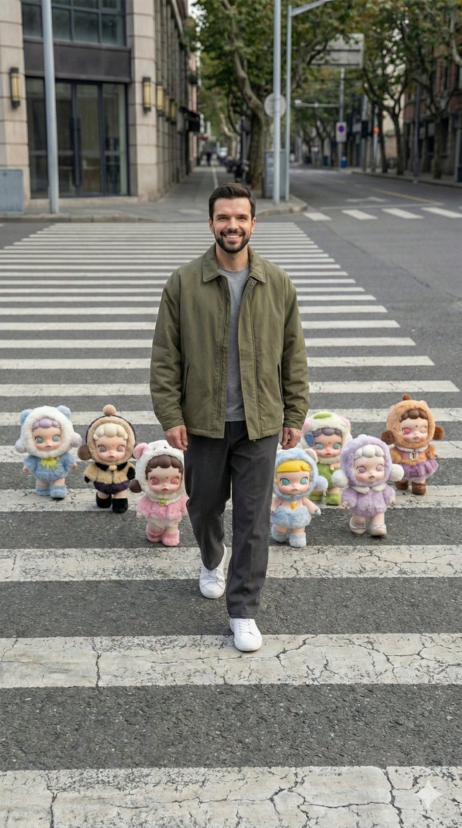 Hyper-realistic Street Photo: Man Walking with Skullpanda Figures - view 1