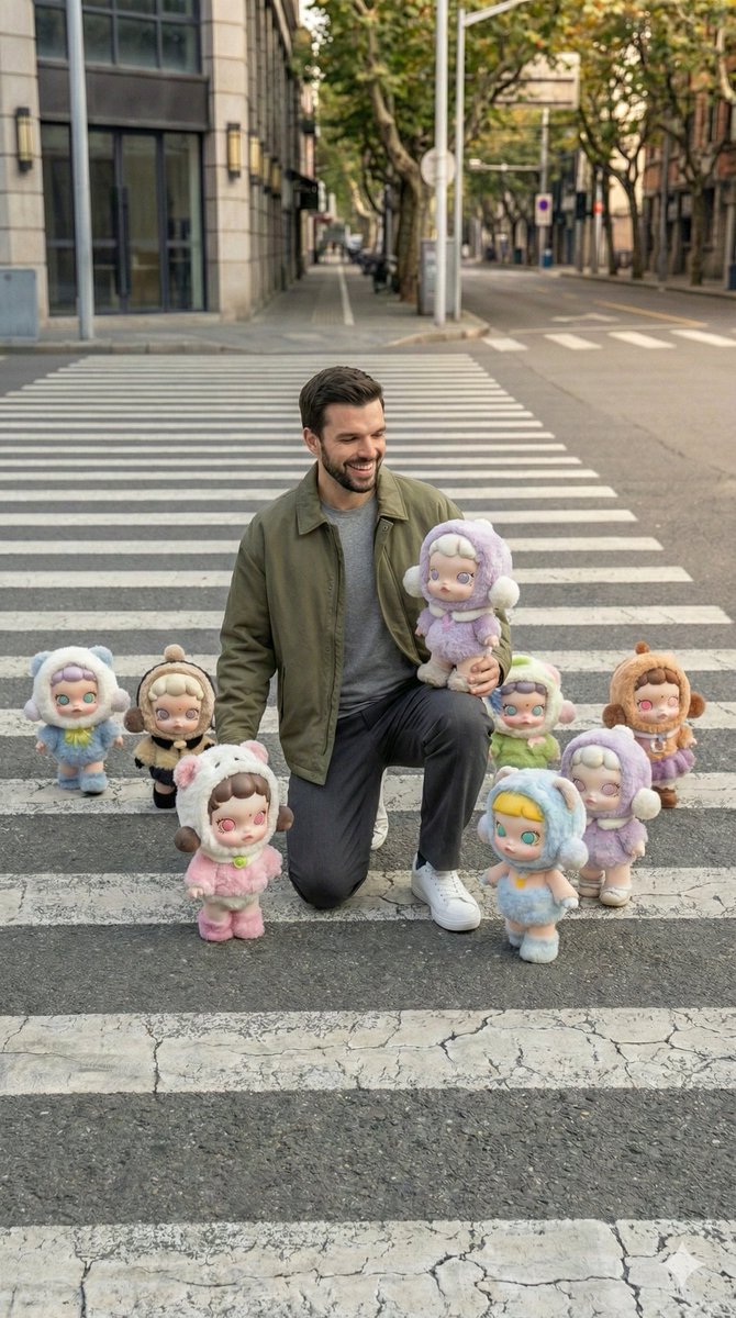 Hyper-realistic Street Photo: Man Walking with Skullpanda Figures thumbnail 2