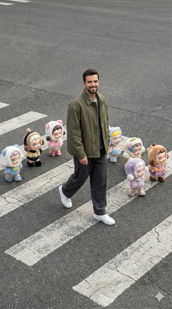 Hyper-realistic Street Photo: Man Walking with Skullpanda Figures thumbnail 3