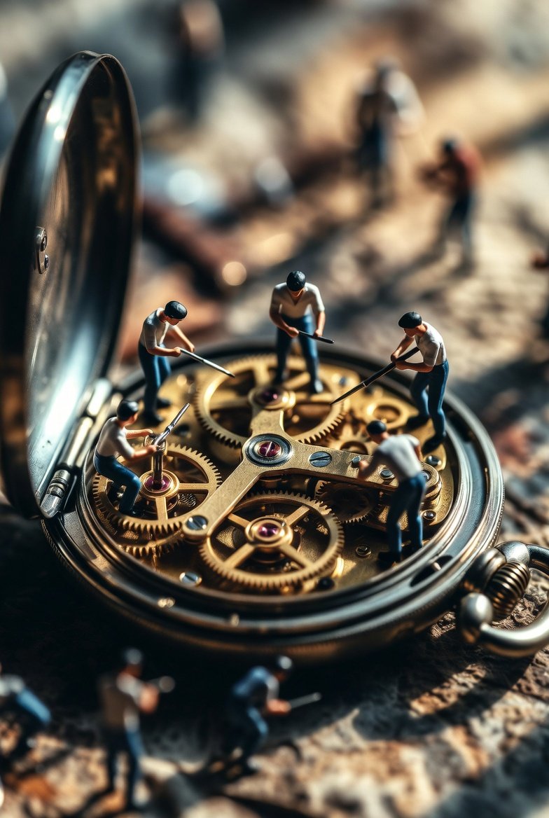 Tiny Restoration Workers Repairing Antique Pocket Watch thumbnail 2