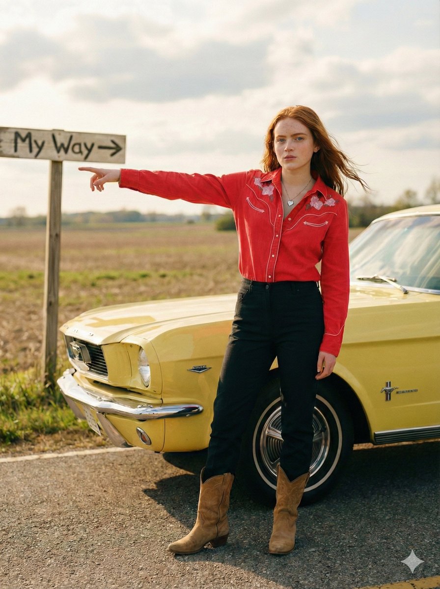 Cinematic Americana Fashion Portrait with Mustang - view 1