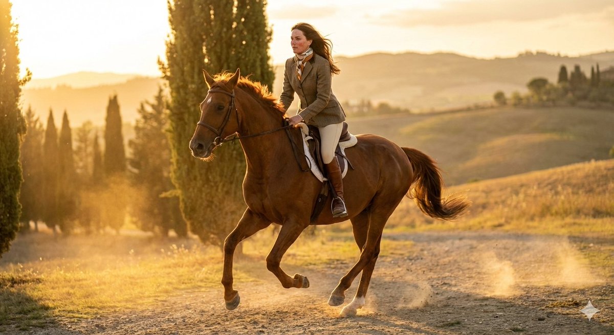 Equestrian Fashion Model on Galloping Horse, Golden Hour - view 1