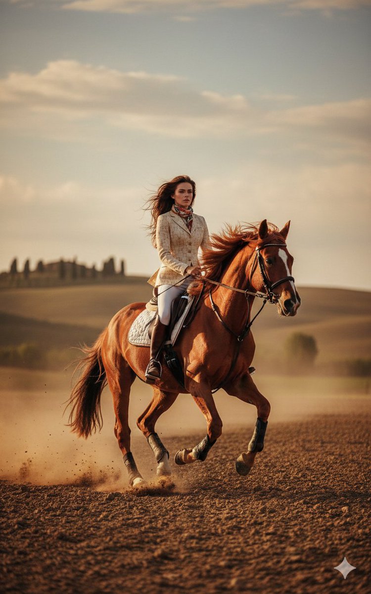 Equestrian Fashion Model on Galloping Horse, Golden Hour thumbnail 2